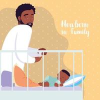 nyfödd i familjekort med pappa afro och baby sover i spjälsäng vektor