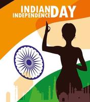 självständighetsdagen indisk etikett med siluett kvinna vektor