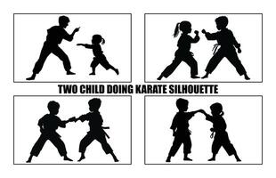 två karate barn kämpar i en match, två barn håller på med karate silhuett, vektor