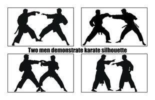 hieroglyf av karate och två män demonstrera karate uppsättning, krigisk konst två manlig silhuetter uppsättning vektor
