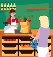 säljare med köpare kvinnlig i butik med färsk mat vektor