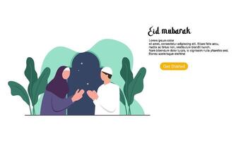 glad eid mubarak eller ramadan hälsning med människor karaktär vektor