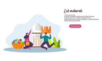 glad eid mubarak eller ramadan hälsning med människor karaktär vektor