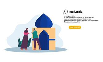 glücklicher eid mubarak oder ramadan gruß mit menschencharakter vektor