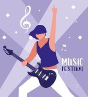 Musikfestivalplakat mit frau, die e-gitarre spielt vektor