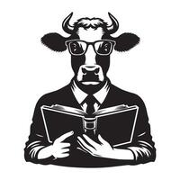 Illustration von ein Lehrer Kuh mit Brille und ein Buch im schwarz und Weiß vektor