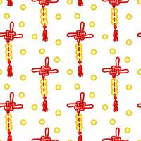 Muster von rot Fäden ist gebunden im Chinesisch Knoten zum gut Glück, symbolisierend, Wohlstand. rot Fäden im Knoten mit Gold Münzen. Materialien im das traditionell asiatisch Stil sind benutzt im ein kulturell vektor