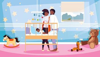 föräldrar afro observation av nyfödda sover i rummet vektor