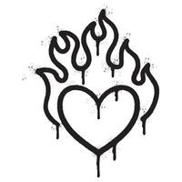 spray målad graffiti hjärta flamma ikon sprutas isolerat med en vit bakgrund. graffiti kärlek brand symbol med över spray i svart över vit. vektor