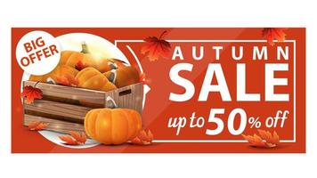 Herbstverkauf, bis zu 50 Rabatt, orangefarbenes Rabatt-Webbanner mit Holzkisten mit reifen Kürbissen und Herbsttraufen vektor