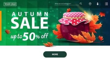 Herbstverkauf, modernes grünes horizontales Webbanner mit Marmelade und Ahornblättern vektor