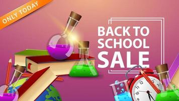 Zurück zum Schulverkauf, Rabattbanner mit Schulbedarf, Büchern und Chemikalienflaschen vektor