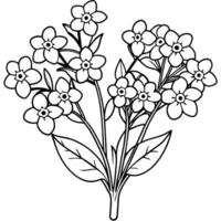 glömma mig inte blomma bukett översikt illustration färg bok sida design, glömma mig inte blomma bukett svart och vit linje konst teckning färg bok sidor för barn och vuxna vektor