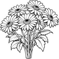 gerbera blomma bukett översikt illustration färg bok sida design, gerbera blomma bukett svart och vit linje konst teckning färg bok sidor för barn och vuxna vektor