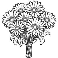 gerbera blomma bukett översikt illustration färg bok sida design, gerbera blomma bukett svart och vit linje konst teckning färg bok sidor för barn och vuxna vektor