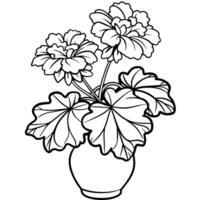 geranium blomma på de vas översikt illustration färg bok sida design, geranium blomma på de vas svart och vit linje konst teckning färg bok sidor för barn och vuxna vektor