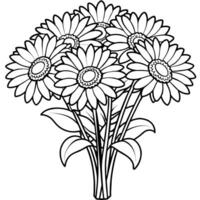 gerbera blomma bukett översikt illustration färg bok sida design, gerbera blomma bukett svart och vit linje konst teckning färg bok sidor för barn och vuxna vektor