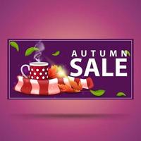 Herbstschlussverkauf, lila Rabattbanner mit Tasse heißem Tee und warmem Schal vektor