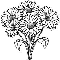 gerbera blomma bukett översikt illustration färg bok sida design, gerbera blomma bukett svart och vit linje konst teckning färg bok sidor för barn och vuxna vektor