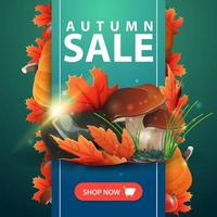 Herbstverkauf, Webbanner mit Band, Pilzen und Herbstblättern vektor