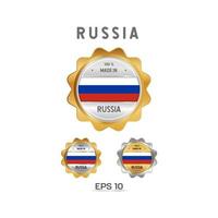 Hergestellt in Russland Etikett, Stempel, Abzeichen oder Logo. mit der Nationalflagge Russlands. auf Platin-, Gold- und Silberfarben. Premium- und Luxusemblem vektor