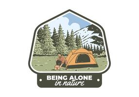 camping ensam i natur. årgång utomhus- illustration bricka design vektor