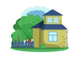 Land stuga. hus med träd och staket. tecknad serie hus utanför, hus med trädgård, byggnad. illustration av de främre sida av en hus. verklig egendom eller privat lantlig hus. vektor