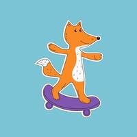 klistermärke av en räv ridning en skateboard. söt sportig djur. aktiva livsstil. extrem sport. klotter, teckning. illustration, isolerat bakgrund. vektor
