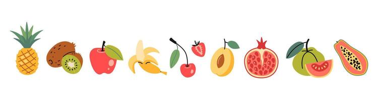Früchte einstellen im Karikatur Stil. gesund Essen, frisch Essen, natürlich tropisch Frucht. modisch modern Illustration isoliert auf Weiß Hintergrund, Hand gezeichnet, eben Design vektor