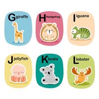 alfabet kort för ungar. pedagogisk förskola inlärning ABC kort med djur- och brev tecknad serie illustration uppsättning. flashcards med söt tecken och engelsk ord. vektor