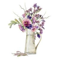 Hand gezeichnet Aquarell Illustration botanisch viktorianisch Blumen Blätter. mauve Stiefmütterchen Viola, Heuschrecke Indigo Zweig, Bergenia Heliotrop Lungenkraut, Ranken. Strauß im Krug isoliert auf Weiß. Hochzeit, Karten vektor