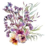 Hand gezeichnet Aquarell Illustration botanisch Blumen Blätter. mauve Stiefmütterchen Viola, Weide Eukalyptus, Bergenia Heliotrop Lungenkraut, Rosa Lobelie Jasmin. Strauß isoliert auf Weiß. Design Hochzeit, Karten vektor