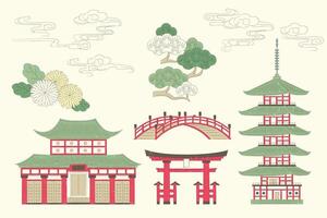 japanisch Gebäude einschließlich Torii, Brücke mit natürlich Elemente von Blumen, Bäume und Wolken Elemente illustriert im Jahrgang Tinte Stil auf Beige Hintergrund vektor