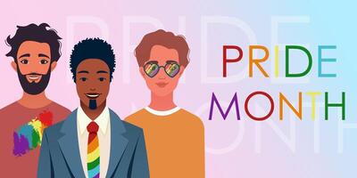 lgbtq Gemeinschaft repräsentiert durch vielfältig Menschen mit Regenbogen farbig Zubehör. Stolz Monat Feier. Sexual- Freiheit, Liebe und Vielfalt Konzept. Schwule Personen. eben vektor