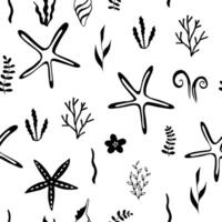 Marine Pflanzen und Seestern nahtlos Muster. Marine Gekritzel Hintergrund. vektor