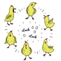 Karikatur Hühner und Hähne Zeichen zum glücklich Bauernhof Design. komisch Hähnchen mit Eier. vektor