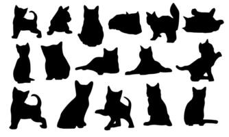 uppsättning svart silhuetter av katter och kattungar isolerat på en vit bakgrund. vektor