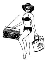 ziemlich Frau im Badeanzug mit Jahrgang Kassette Spieler auf ein Strand Party im Disko 70er Jahre Stil. Clip Art isoliert auf Weiß. vektor