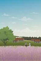 par av älskare händer innehav tillsammans på lavendel- fält på de kulle ha Land hus och berg räckvidd Bakom illustration. vektor