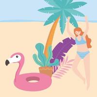 Sommerzeit-Strandurlaub-Tourismus-Mädchen mit Flamingo-Schwimmer und Palmenlaub vektor