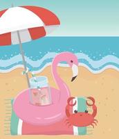 sommarresor och semester krabba handduk strand havsjuice float flamingo vektor