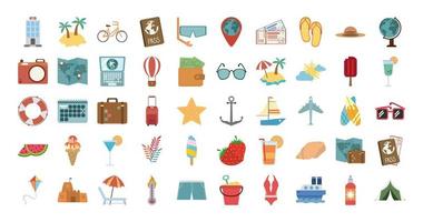 Sommerreisen und Urlaub im flachen Stil isolierte Icons Set