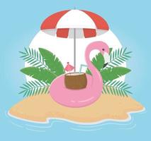 sommar resor och semester flyta flamingo cocktail paraply lövverk tropisk strand ö vektor