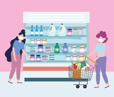 Online-Markt, Frau mit Einkaufswagen und Mädchen im Supermarkt, Lebensmittellieferung im Lebensmittelgeschäft vektor