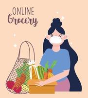 onlinemarknad, kvinna med mask och miljövänlig väska, matleverans i livsmedelsbutik vektor