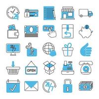 Online-Shopping-Symbole für mobiles Marketing und E-Commerce setzen Linie und Füllstil vektor