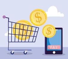 Online-Zahlung, Smartphone und Münzen im Warenkorb, E-Commerce-Markt, mobile App vektor