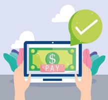 Online-Zahlung, Hände mit Tablet-Banknoten-Geld-Zahlungstaste, E-Commerce-Markteinkauf, mobile App vektor