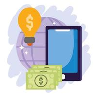 online betalning, smartphone sedel pengar världen, e-handel marknaden shopping, mobil app vektor