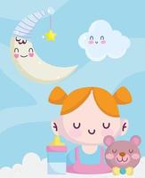 Babyparty, kleines Mädchen tragen Flaschenfütterung Mond und Wolkendekoration, verkünden Neugeborenen-Willkommenskarte vektor